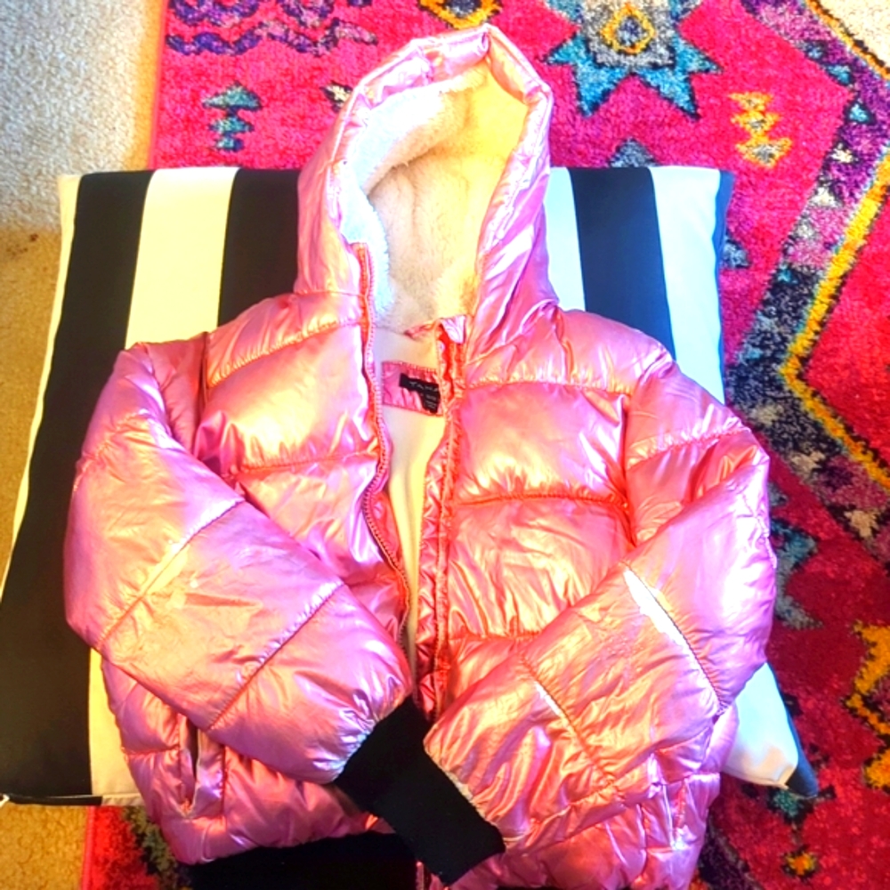 Shiney girls size 10/12 pink, puffy, hooded coat